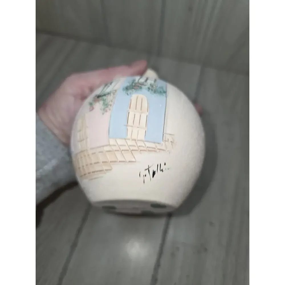 Vintage Pottery Vase Hand Painted Colorful Houses Handmade Clay Decor Signed